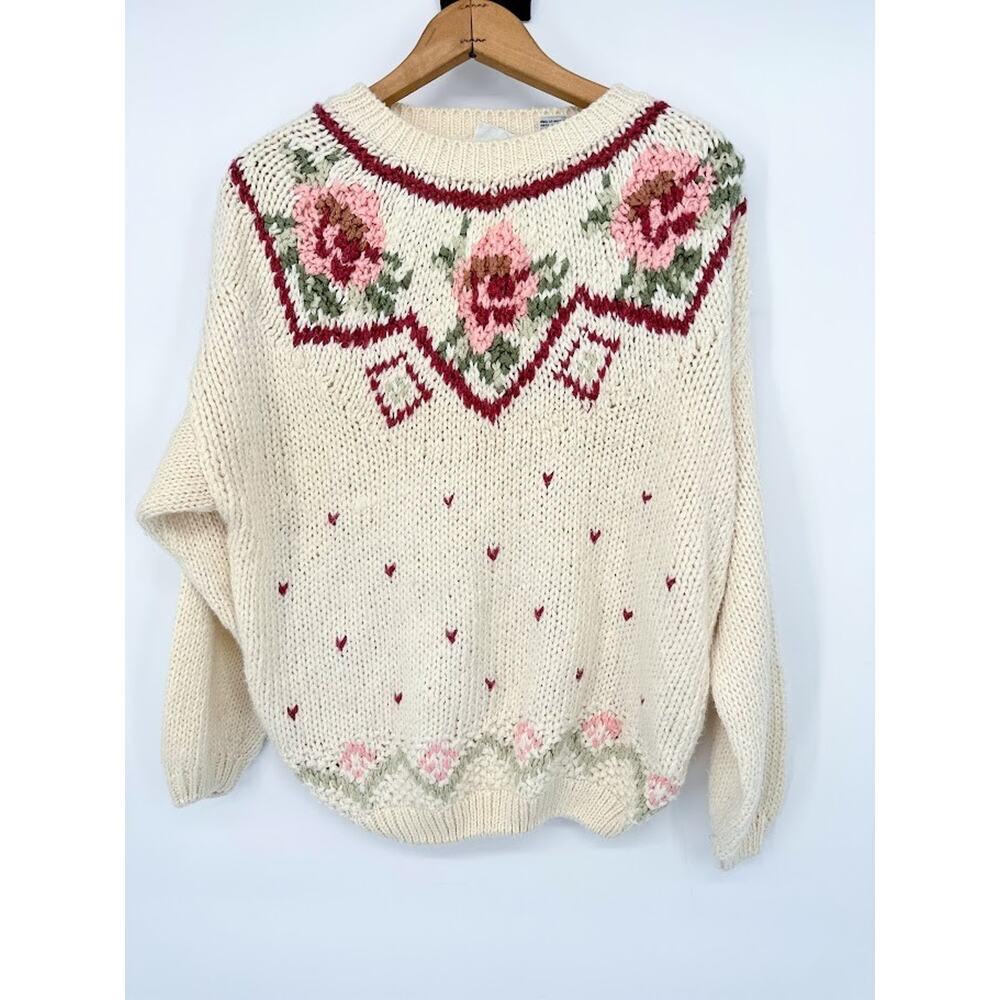 Vintage Hand Knit Sweater Women Large Floral Cottagecore Granny Grandma Romantic